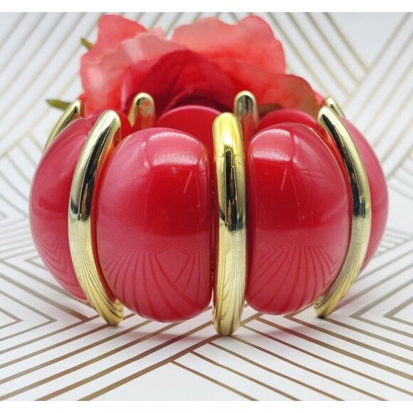 Lot of 3 Acrylic Statement Bracelets Stretch Wide Gold Tone Trim Blue Black Red - Picture 6 of 9